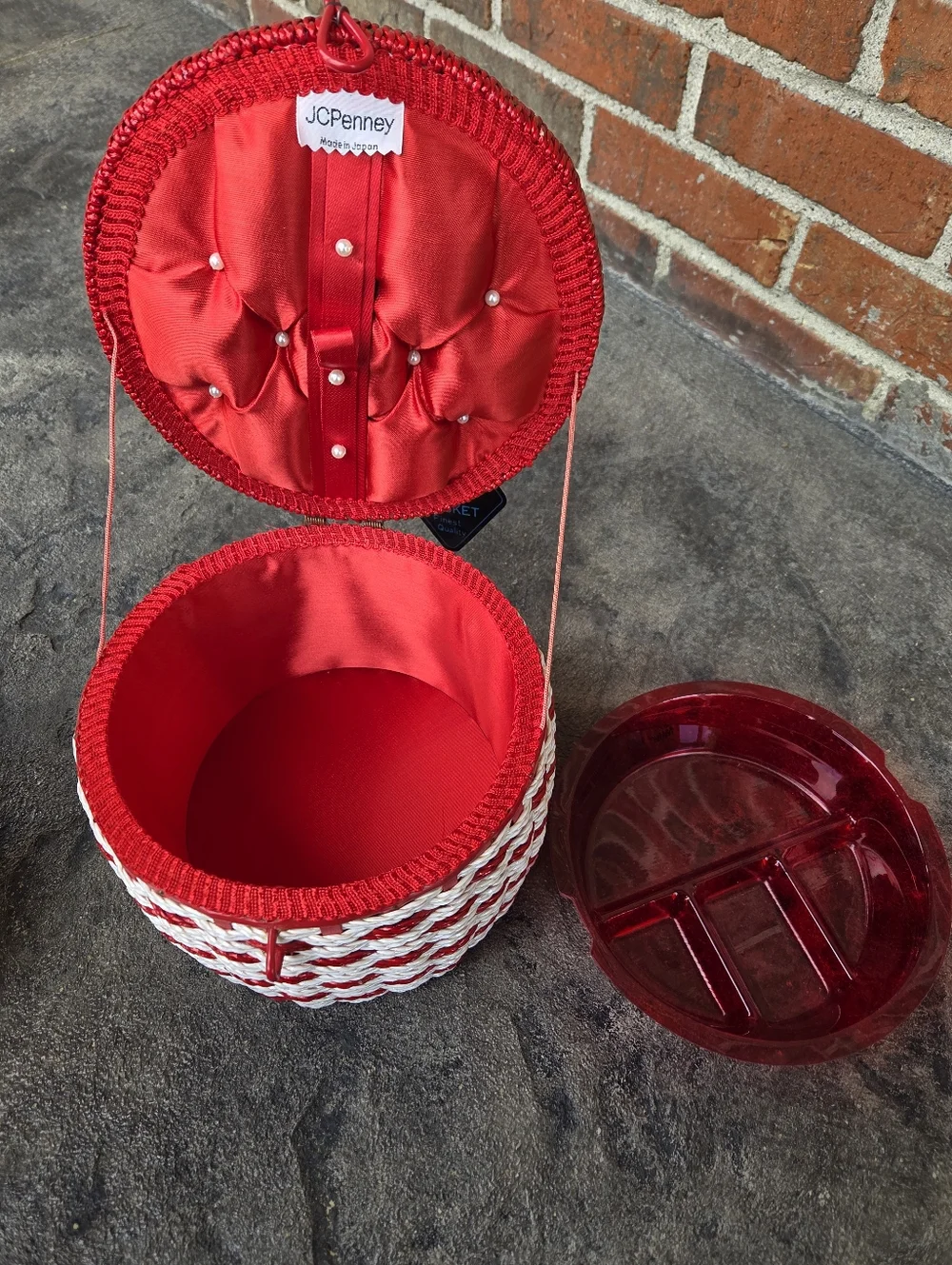 Vintage JCPenney Red and White Woven Sewing Basket with Gingham Lid
